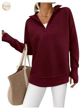 Ribbed Knit Quarter Zip Pullover Sweater Long Sleeve V-Neck Thumb Hole